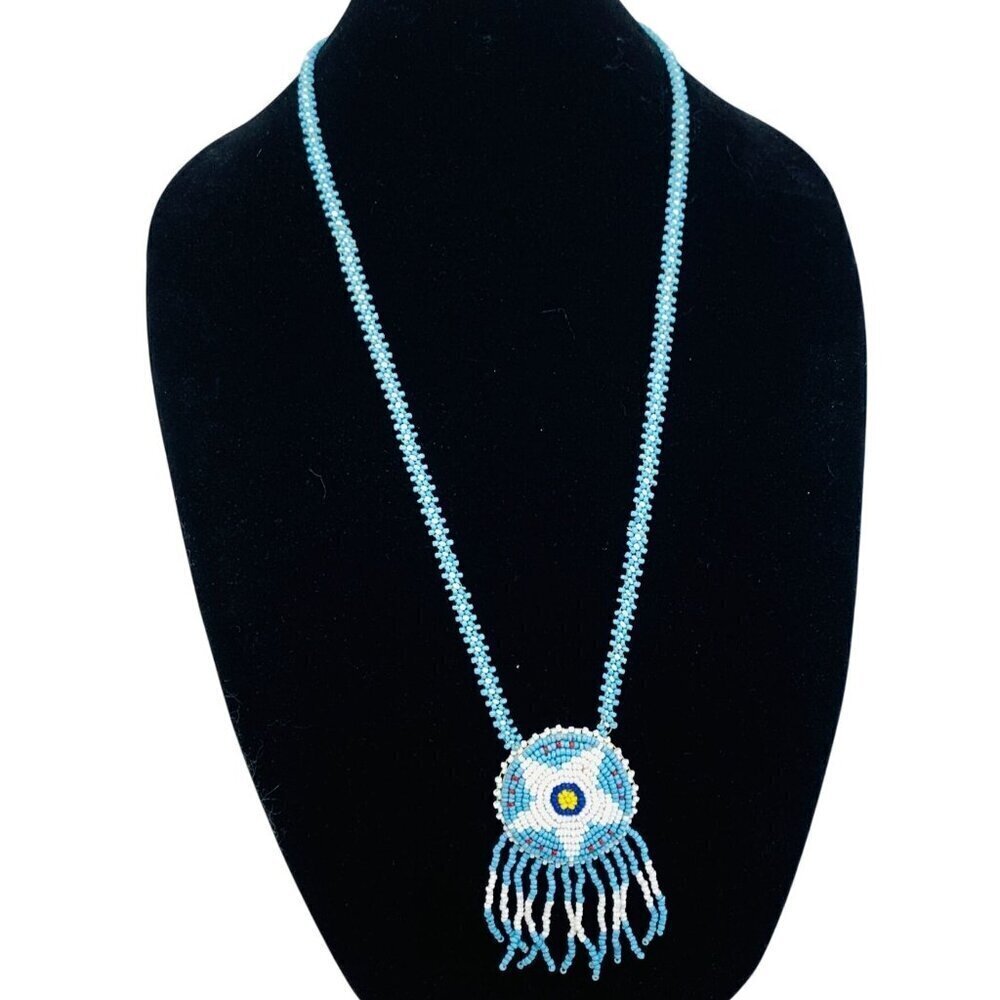 Vintage Native American Seed Bead Star Medallion Necklace W/ Fringe Blue White